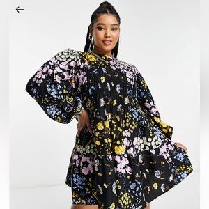 ASOS Curve Cotton Shirred Floral Mini Smock Dress